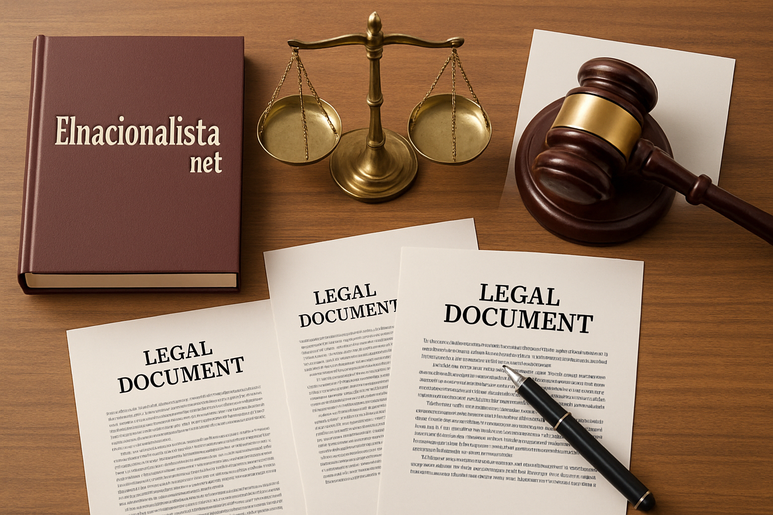 Ilustración de textos legales con libros, balanza, martillo y papeles, destacando Elnacionalista.net en un libro, representando los términos y condiciones de uso de nuestra plataforma.